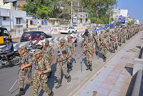 Central Reserve Police Force (CRPF) personnel take part in a parade ahead of the 2026 Legislative Assembly elections, in Madurai, Tamil Nadu.