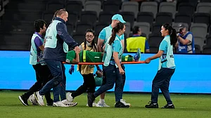 | Photo: AP/Rick Rycroft : India's goalkeeper Panthoi Chanu Elangbam is taken away on a stretcher after an injury during the Women's Asian Cup soccer match between India and Taiwan in Sydney, Tuesday, March 10, 2026.