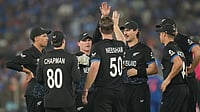 New Zealand Announce 18-Member Squad For Five-Match T20I Series Against South Africa; Santner To Lead, Latham Returns | Photo: AP/Rafiq Maqbool : New Zealand's James Neesham, center, celebrates the wicket of India's Sanju Samson with teammates during the T20 World Cup cricket final match between India and New Zealand in Ahmedabad.