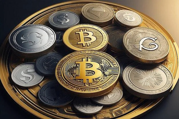 Close-up of golden Bitcoin and silver crypto coins