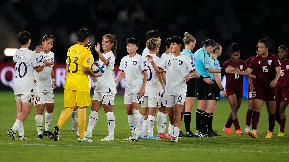 Taiwan players celebrate after their win against India in the Women's Asian Cup soccer match in Sydney, Monday, March 10, 2026 - (AP Photo/Rick Rycroft)