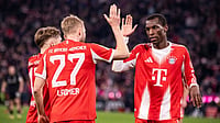 FCBayernEN/X : Bayern Munich footballers celebrating after scoring a goal against Borussia Monchengladbach in Bundesliga 2025-26. 