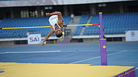 Credit: Paralympic Committee of India : Praveen Kumar competes in Men's T44 High Jump during the World Para Athletics Grand Prix 2026 in New Delhi