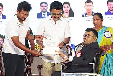 Tamil Nadu Chief Minister MK Stalin with Deputy Chief Minister Udhayanidhi Stalin during a felicitation programme for UPSC 2024–25 achievers trained under the Naan Mudhalvan scheme at the Anna Administrative Staff College, in Chennai.