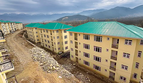 A view of newly constructed residential towers built under the Prime Minister's Development Package for Kashmiri migrant employees, in Anantnag district of Jammu and Kashmir.