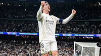| Photo: AP/Jose Breton : Real Madrid's Federico Valverde celebrates after scoring during a first leg round of 16 Champions League soccer match between Real Madrid and Manchester City in Madrid, Spain, Wednesday, March 11, 2026.