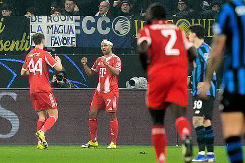 Bayern's Serge Gnabry celebrates after scoring his side's third goal during the Champions League round of 16 soccer match between Atalanta and FC Bayern Munich in Bergamo, Italy, Tuesday, March 10, 2026. ()