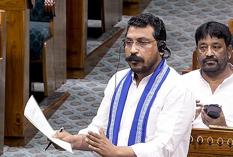Azad Samaj Party (Kanshi Ram) MP Chandrashekhar speaks in the Lok Sabha during the second part of Budget session of Parliament, in New Delhi.