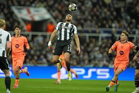 Newcastle's Joelinton controls the ball during the Champions League round of 16 first leg soccer match between Newcastle United and Barcelona in Newcastle , England.