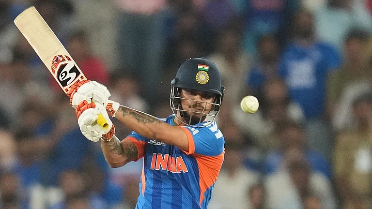 Ishan Kishan plays a shot during the T20 World Cup 2026 final between India and New Zealand in Ahmedabad. - AP