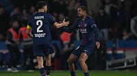 PSG 0-0 Chelsea LIVE Score, Champions League: Parisians Kick Off Against Blues In Club World Cup Rematch | Photo: AP/Thibault Camus : PSG's Bradley Barcola, right, is congratulated by Achraf Hakimi after scoring his side's first goal during the French League One soccer match between Paris Saint-Germain and Monaco in Paris, Friday, March 6, 2026.