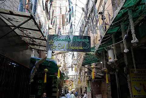 The neighbourhood, home to both Hindus and Muslims, decorated for the holy month of Ramzan