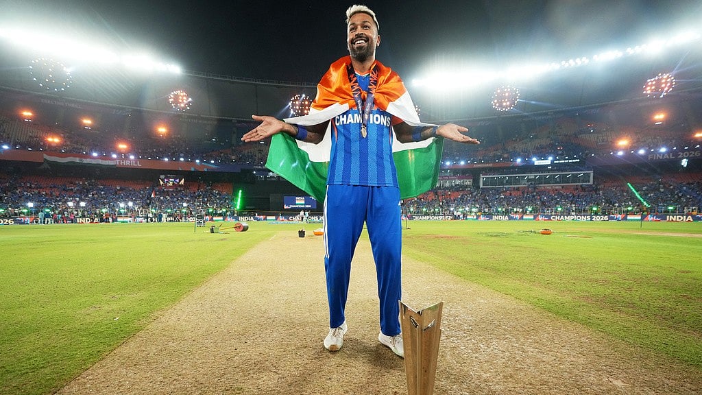 Hardik Pandya celebrates with the trophy after India won the T20 World Cup final against New Zealand in Ahmedabad. - AP