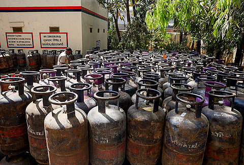 LPG cylinders at a depot, in Bengaluru, Karnataka, Tuesday, March 10, 2026. Hotels and restaurants in the city have expressed concerns over the shortage of commercial LPG cylinders due to West Asia crisis. 