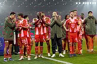 Atalanta 1-6 Bayern Munich, UEFA Champions League 2025-26: Dominant Bavarians Run Riot In Bergamo Riding On Olise Brace | Photo: AP/Luca Bruno : Bayern players applaud to fans after the Champions League round of 16 soccer match between Atalanta and FC Bayern Munich in Bergamo, Italy.