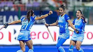 Photo: Hockey India : India players celebrate Navneet Kaur's (centre) goal against Wales in their FIH Women's Hockey World Cup Qualifiers 2026 match in Hyderabad.