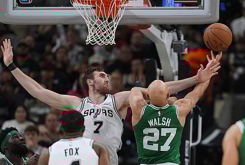 Boston Celtics guard Jordan Walsh (27) is fouled by San Antonio Spurs center Luke Kornet (7) as he tries to score during the second half of an NBA basketball game in San Antonio.