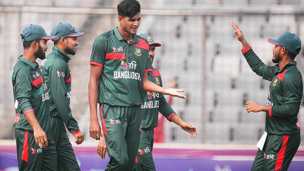 Bangladesh cricketers celebrating a Pakistan wicket during the first ODI in Dhaka.  - BCBtigers/X