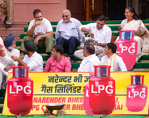 LoP in Lok Sabha Rahul Gandhi, opposition MPs Hibi Eden, Prashant Padole, Manickam Tagore, and others, stage a protest over 'LPG shortage' during the second part of Budget session of Parliament, in New Delhi.