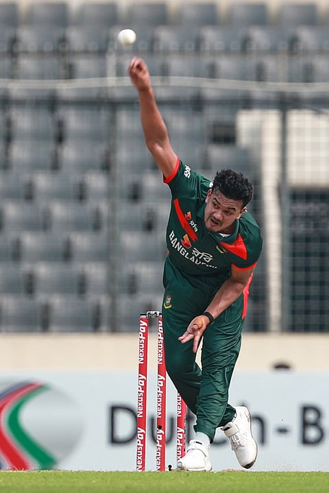 Bangladesh's Taskin Ahmed bowls a delivery during the first one day international cricket match between Bangladesh and Pakistan in Mirpur, Bangladesh.