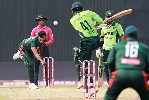 Bangladesh's Nahid Rana bowls a delivery to Pakistan's Saad Masood during the first one day international cricket match between Bangladesh and Pakistan in Mirpur, Bangladesh.