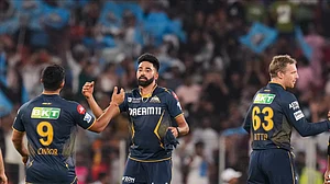PTI Photo/Arun Sharma : Gujarat Titans' players celebrate after winning the Indian Premier League (IPL) 2025 T20 cricket match between Gujarat Titans and Rajasthan Royals, at the Narendra Modi Stadium, in Ahmedabad.