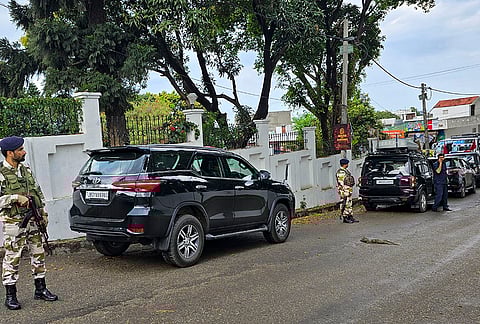 Security personnel deployed outside the residence of National Conference president Farooq Abdullah after a gunman fired a shot targeting him and Jammu and Kashmir Deputy Chief Minister Surinder Choudhary at a wedding function in Jammu.