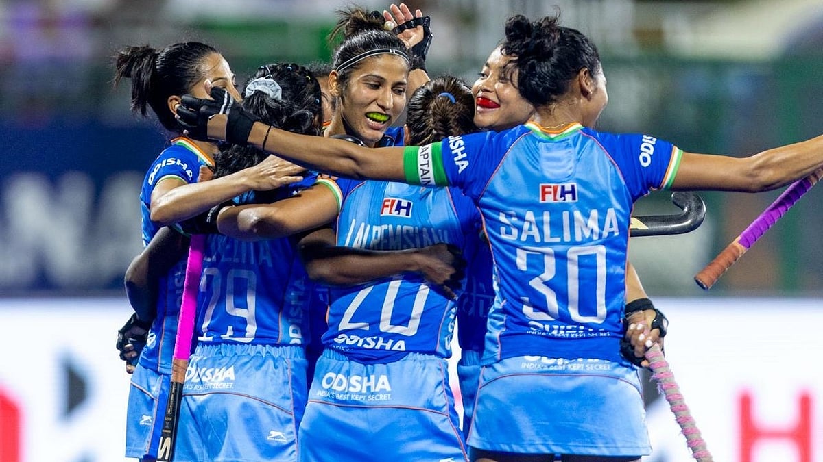 India Women celebrating victory in Pool game during FIH Women's Hockey World Cup qualifiers 2026.  - Hockey India