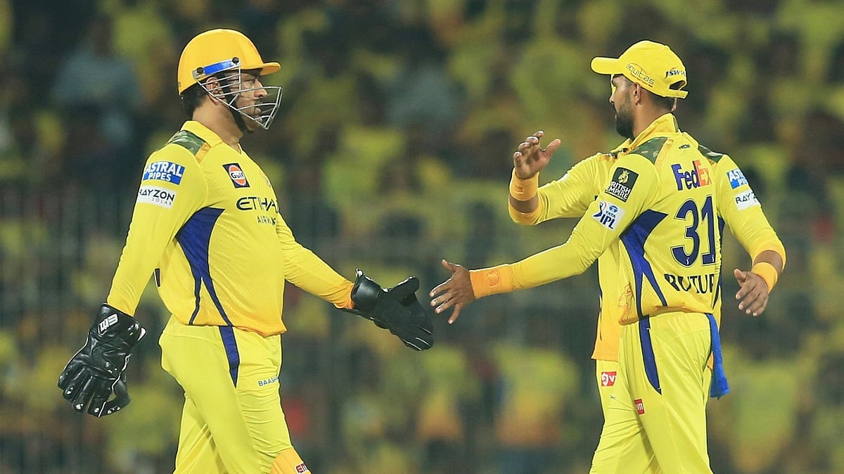 Chennai Super Kings' players celebrate the dismissal of Royal Challengers Bengaluru's Devdutt Padikkal during the Indian Premier League cricket match between Chennai Super Kings and Royal Challengers Bengaluru at M. A. Chidambaram Stadium in Chennai, India, Friday, March 28, 2025.
 -  (AP Photo/R. Parthibhan)

