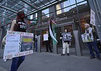 Saying Everything, Except Who Did It: Western Media, The Iran War, And The Language Of Euphemism IMAGO / Anadolu Agency : Pro-Palestine activists rally outside the New York Times building to protest the newspaper’s coverage of Israel’s war in Gaza and Iran in New York City, United States, on March 09, 2026.