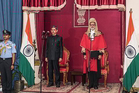 Chief Justice of Kolkata High Court Justice Sujoy Paul administers the oath to RN Ravi as the Governor of West Bengal, at Lok Bhavan in Kolkata, West Bengal.