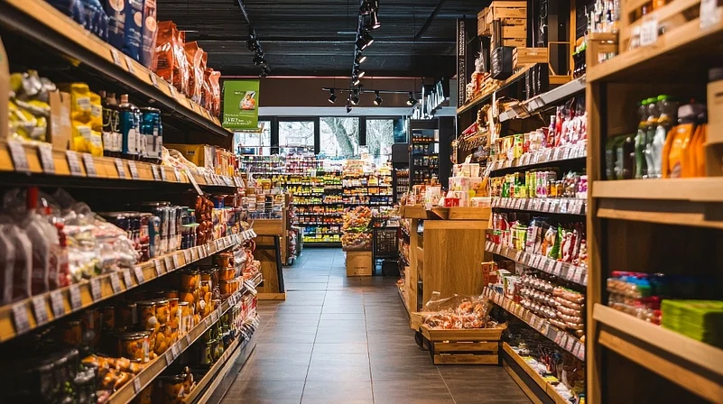 Modern grocery store aisle with stocked shelves