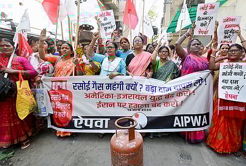 All India Progressive Women's Association workers stage a protest over the shortage of domestic and commercial LPG cylinders, in Patna.