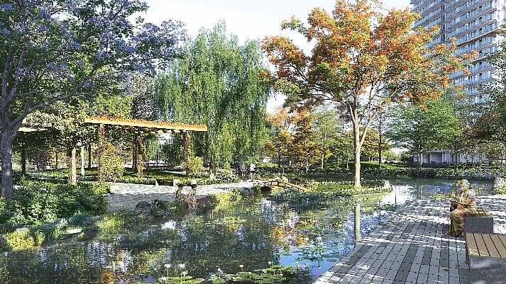 Serene park with pond and modern high-rise