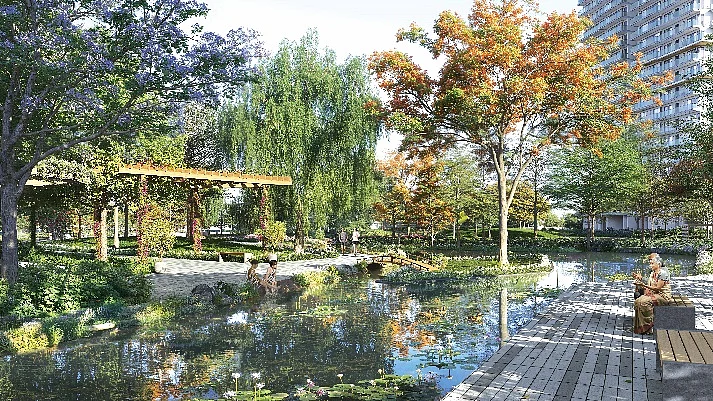 Serene park with pond and modern high-rise