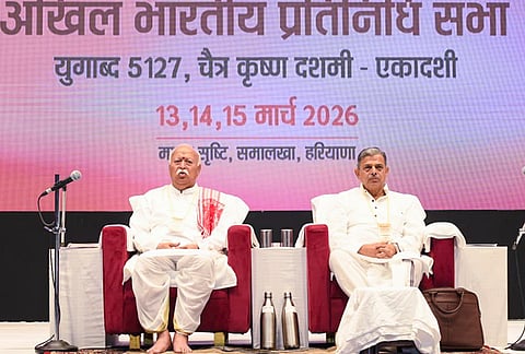 RSS Sarsanghchalak Mohan Bhagwat, left, and General Secretary Dattatreya Hosabale during the 'All India Representative Assembly of RSS', in Samalkha, Panipat, Haryana. 