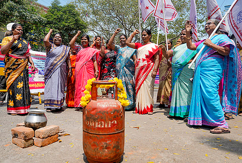Members of the All India Democratic Women's Association stage a protest over an ongoing LPG supply shortage in the country, in Chennai, Tamil Nadu.