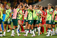| Photo: AP/Gary Day : Australia's Sam Kerr and teammate Australia's Caitlin Foord celebrate following the Women's Asian Cup quarterfinal soccer match between Australia and North Korea in Perth, Australia.