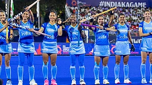 | Photo: X/TheHockeyIndia : India players during the last FIH Women's Hockey World Cup Qualifiers match against Wales.