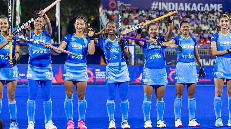 India players during the last FIH Women's Hockey World Cup Qualifiers match against Wales. - | Photo: X/TheHockeyIndia