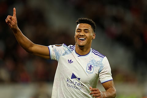 Aston Villa's Ollie Watkins celebrates after scoring during a first leg, round of 16 Europa League soccer match between Lille and Aston Villa in Lille, France.