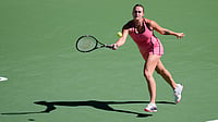 Indian Wells Open 2026: Sabalenka, Sinner, Alcaraz Cruise Into Semi-Finals; Medvedev Advances Amid Controversy | Photo: AP/Mark J. Terrill : Aryna Sabalenka, of Belarus, returns a shot against Victoria Mboko, of Canada, during a quarterfinal match at the BNP Paribas Open tennis tournament, Thursday, March 12, 2026, in Indian Wells, Calif.