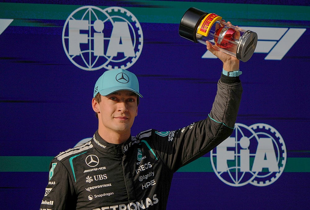 Mercedes driver George Russell of Britain celebrates his pole position for the sprint qualifying ahead of the Chinese Formula One Grand Prix race in Shanghai, China. - | Photo: AP/Andy Wong