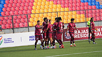Rajasthan United 3-2 Namdhari, Indian Football League: Amadou Soukouna Brace Lifts Hosts To First Victory | Photo: AIFF : Rajasthan United FC players celebrating a goal during the Indian Football League match against Namdhari FC on March 13, 2026.
