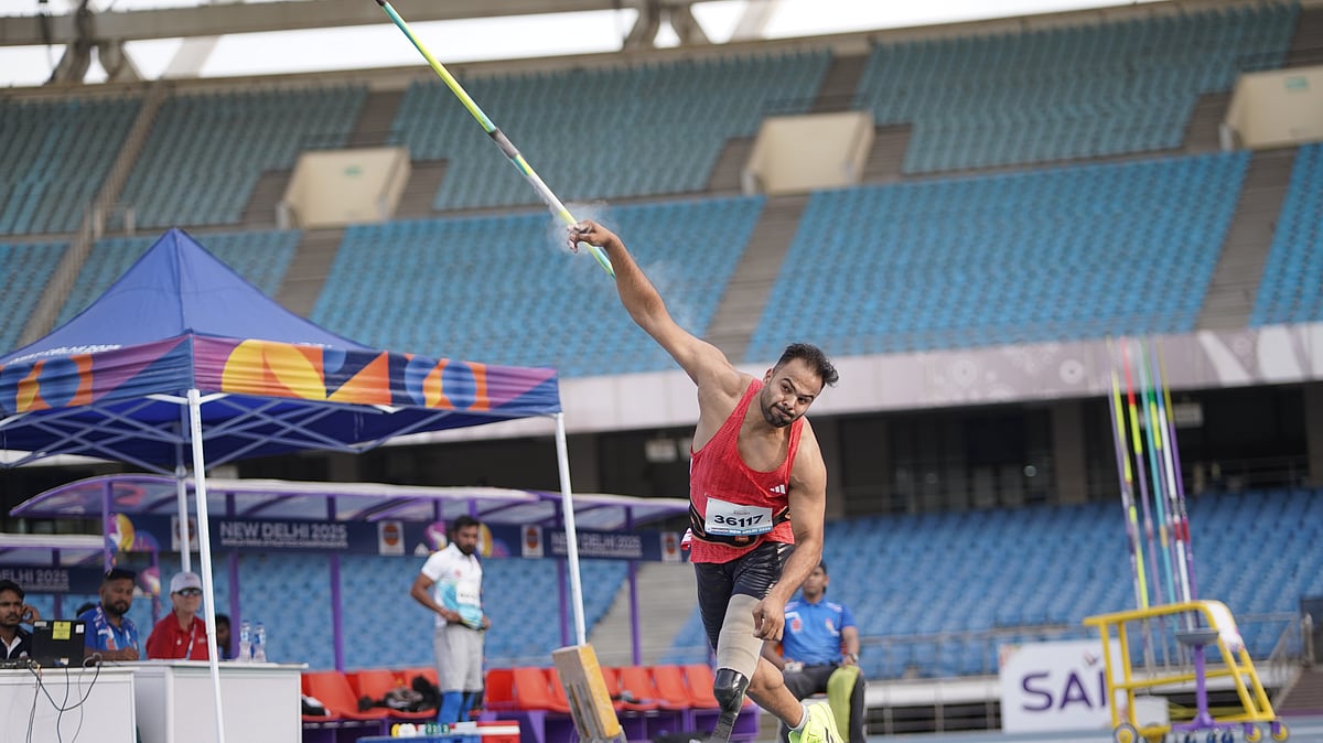 Sumit Antil launched a best throw of 69.25m, sealing gold at the World Para Athletics Grand Prix 2026. - PCI