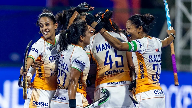 India players celebrate after Manisha's goal during the FIH Women's Hockey World Cup Qualifiers against Italy on March 13, 2026. - | Photo: Hockey India