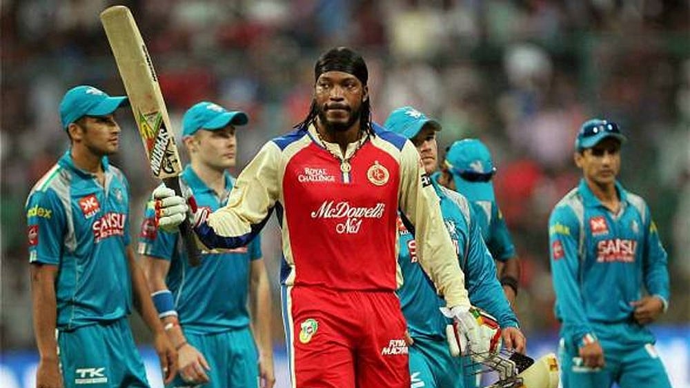 Chris Gayle celebrating his 175* against Pune Warriors India in IPL 2013.  - IPL