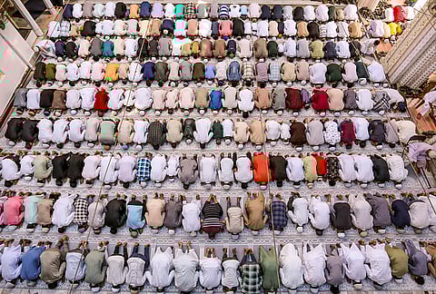 People offer prayers on the last friday during the holy month of 'Ramzan', at Washi Ullah Mosque, in Prayagraj.