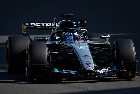Mercedes driver George Russell of Britain steers his car during the qualifying session of the Chinese Formula One Grand Prix at the Shanghai International Circuit, in Shanghai, China.