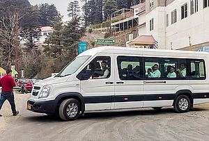 | Photo: PTI : Congress leaders leave for Chail ahead of the polling for two Rajya Sabha seats in Haryana, in an attempt to keep the flock together, in Shimla.